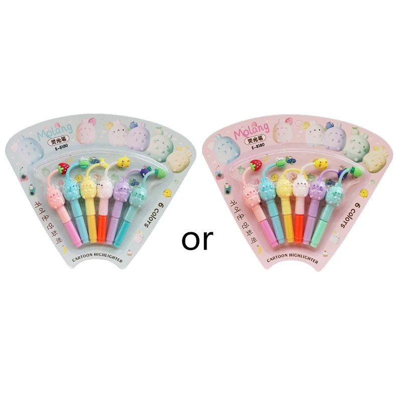 

6pcs Cute Mini Highlighter Pen Kawaii Cartoon Bunny Marker Pen School Stationery