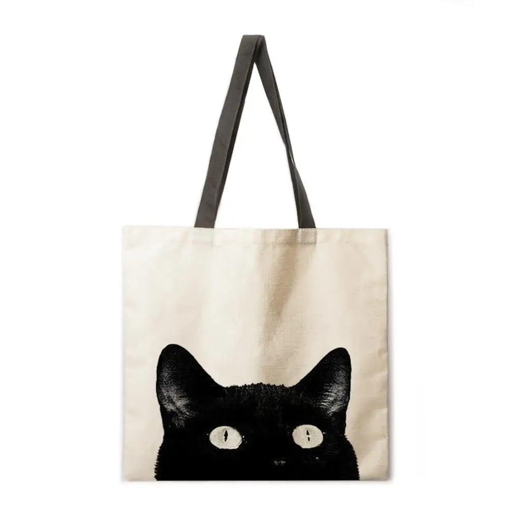 Сумка тоут из льняной ткани с чернильным котом и кошкой Повседневная Складная