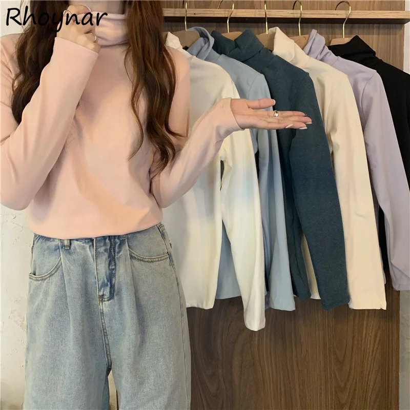 Long Sleeve T-shirts Women Turtleneck Winter Warm Basic Solid Simple All-match Soft Comfortable Trendy Popular Leisure Ulzzang