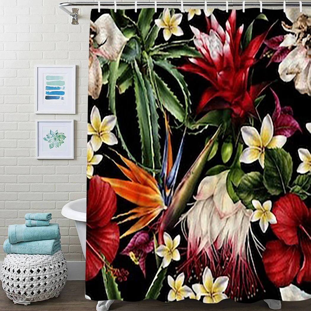 

Art Lily Floral Pattern Shower Curtain Waterproof Tropical Design Mould-proof Bath Screen Curtain for Bathroom with Hooks