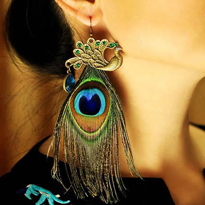 1 шт. винтажные богемные серьги в виде павлина перьев блестящие женские длинные