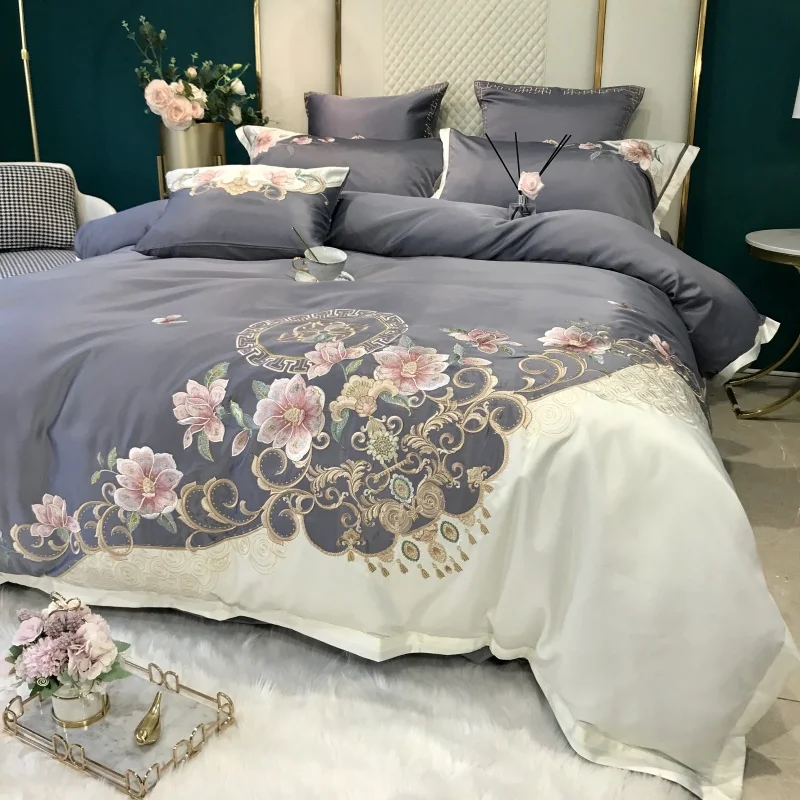 

Chic Embroidery Blossom White Grey Patchwork Duvet Cover Luxury Silk Satin Cotton Soft Bedding set Bed Sheet Pillowcases