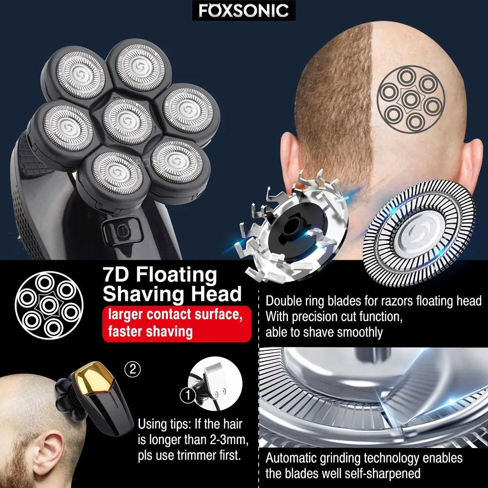 FOXSONIC New Shaver For Men 7D Independently 7 Cutter Floating Head Waterproof Electric Razor Multifunction Trimmer For Men