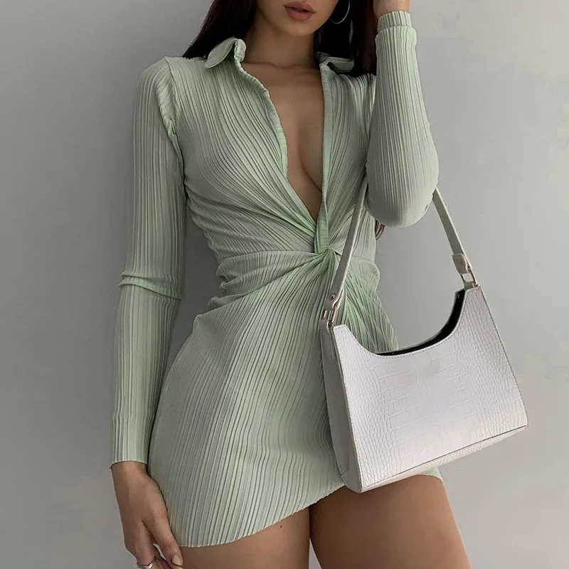 

Solid Plunging Neck Long Sleeve Ruched Mini Dress