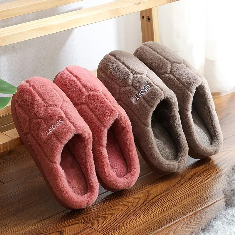 

EOEODOIT Winter Women House Faux Fur Slippers Honeycomb Sewing Thread Warm Shoes Men Women Floor Bedroom Indoor Shoes