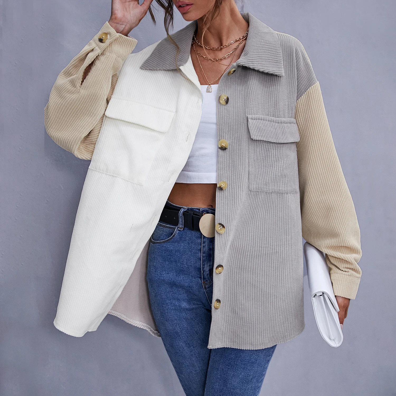 

Women's Button Down Oversize Shirt Beige Gray Patchwork Pocket Autumn Casual Blouse Ladies Soft Loose Corduroy Shirts Outfit Top