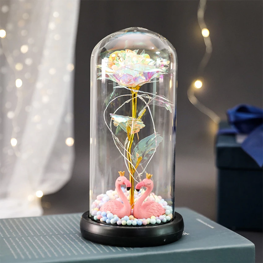 

Artificial Eternal Rose LED Light Beauty The Beast In Glass Cover Christmas Home Decor For Mother Valentines Day new Year Gift