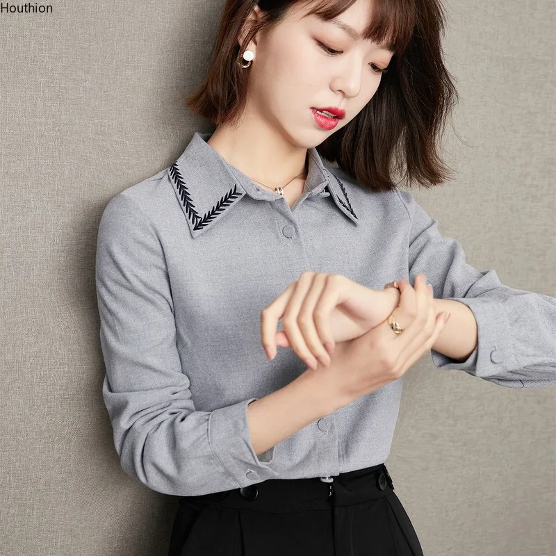

Блузка женская с острым воротником, Повседневная модная рубашка в Корейском стиле, с длинным рукавом и застежкой, в стиле ретро, лето