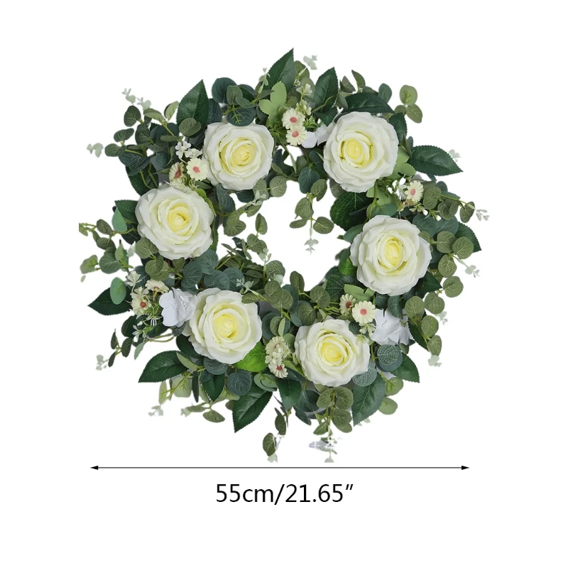

22'' European White Rose Flower Wreath Artificial Floral Spring Garland for front Door Decoration Dropshipping