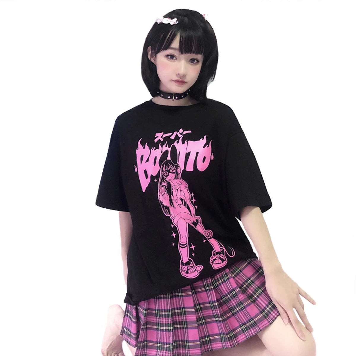 

Hip Hop Street Women's T-Shirt Cartoon Loose Pattern Printing Girl's Tshirt Short Sleeve Medium Length Summer Black Tees TS030