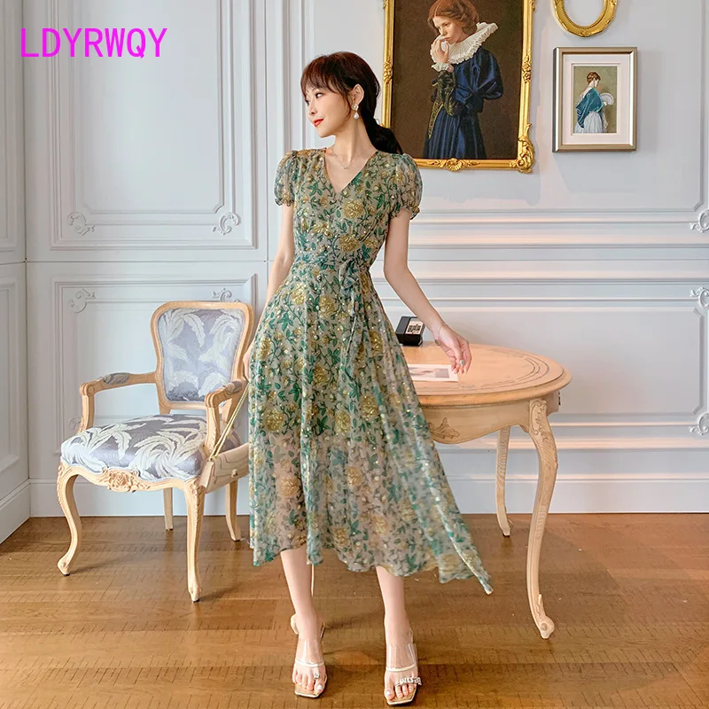 

LDYRWQY 2021 new summer French fashion slim temperament printed V-neck zipper lace chiffon dress Polyester Office Lady