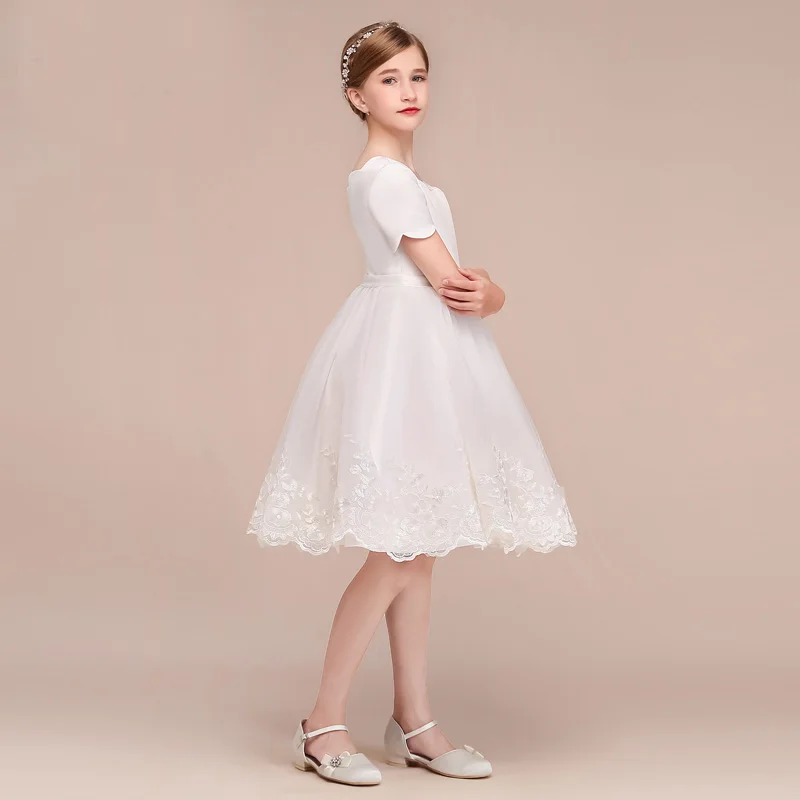 Ball Gown Princess Short White Flower Girl Dresses For Wedding Satin Tulle Girls First Holy Communion Dresses