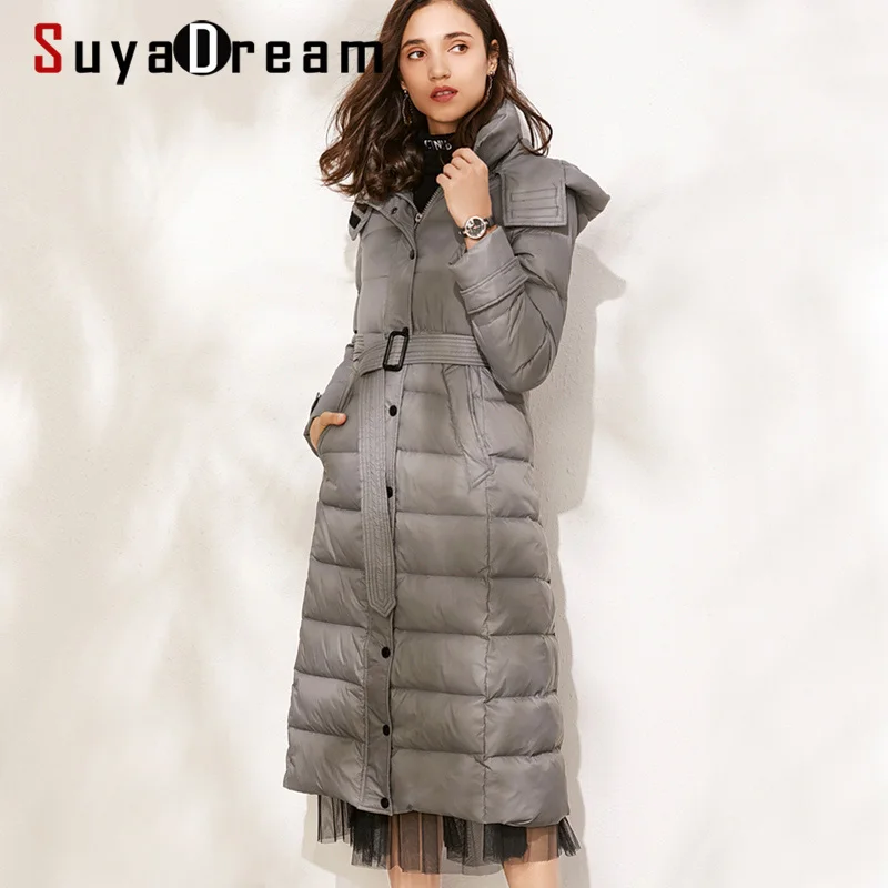 SuyaDream женские длинные пуховые пальто с капюшоном одноцветные стеганые поясом 80%