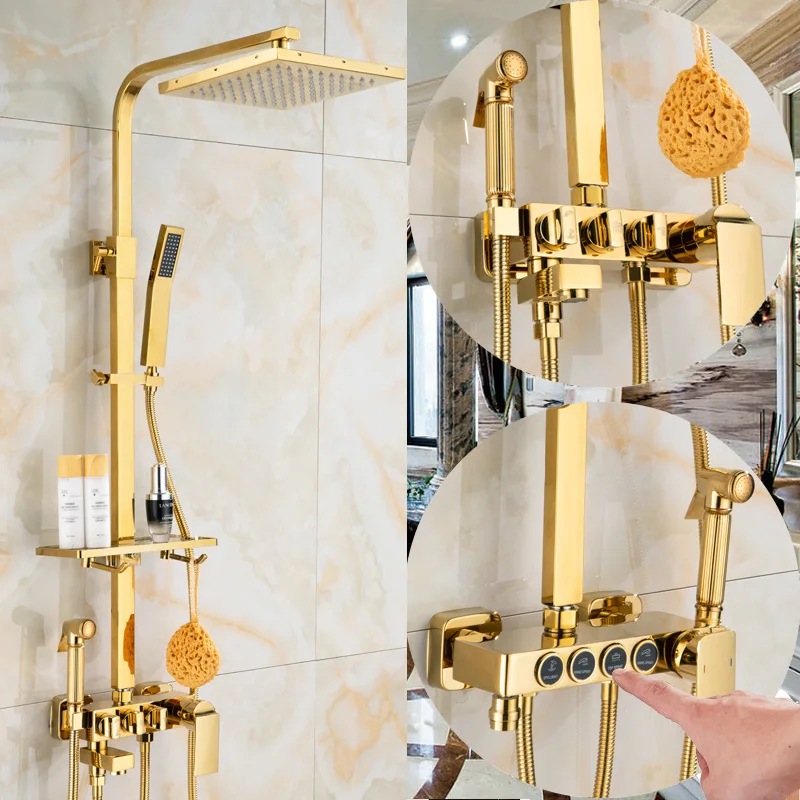 Роскошный Золотой латунный Смеситель для ванной комнаты настенный ручной