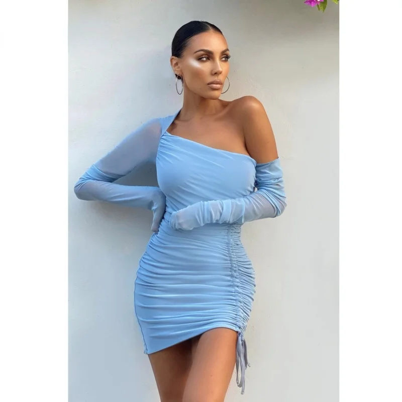 

Woman Dress One Shoulder Drawstring Mini Dress Women Tie Drawstring Mesh Bodycon Summer Dresses Square Collar Sexy PartyVestidos