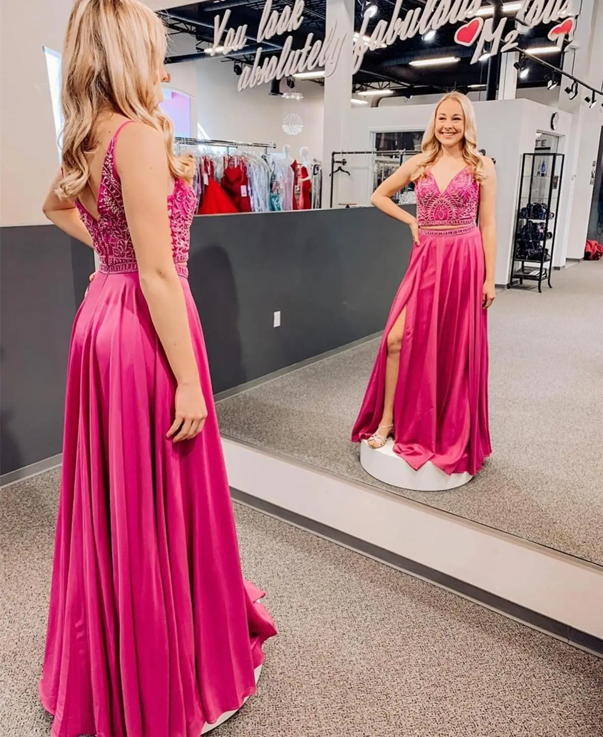 

2020 prom dress two pieces pink satin side slit split floor length formal gowns sale lace crystal beadning vestido fiesta mujer