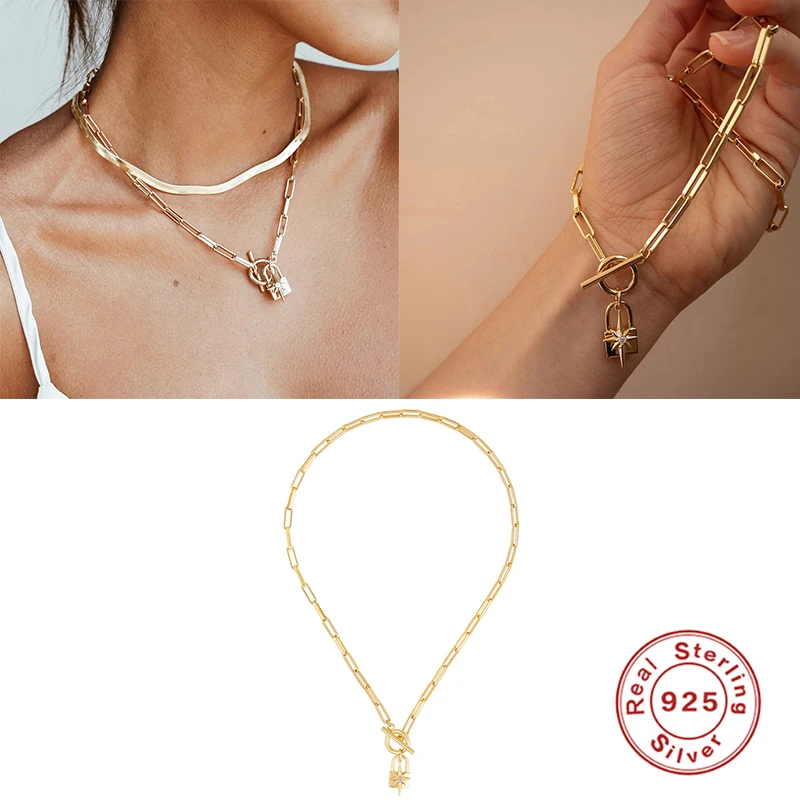 

Aide Paperclip Chain Necklaces 925 Silver Geometric Lock Key Star Pendant Necklaces For Women Girls Collares Mujer Fine Jewelry
