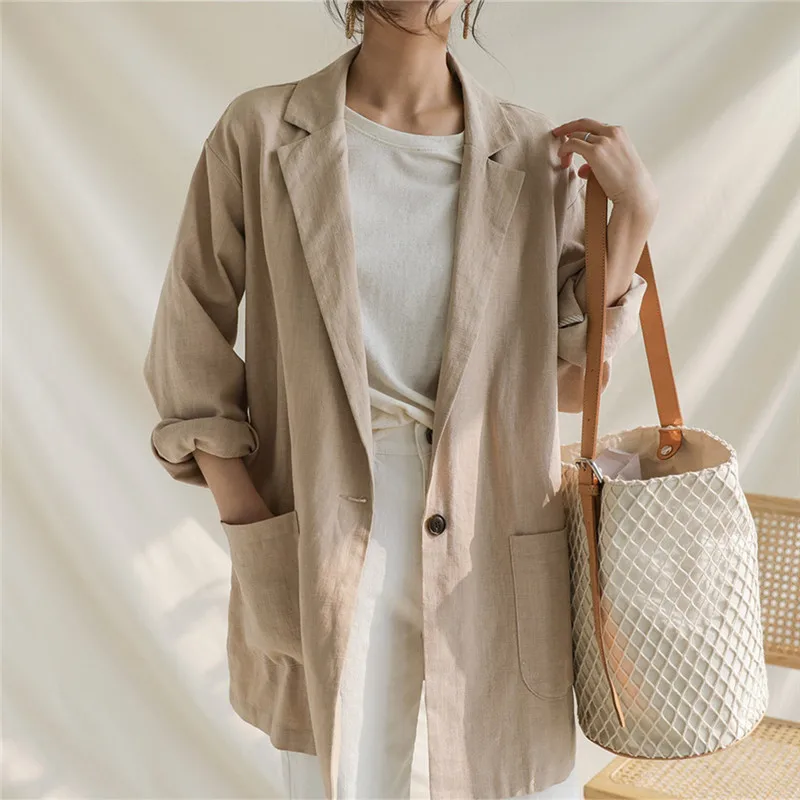 

Korea One Button Solid Color Casual Suit Jacket 2021 Spring Autumn Simple Retro Cotton Linen Blazer Casual Long Sleeve Outerwear