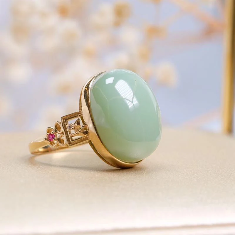 

Designer original natural Hetian jade unstructured pink green opening adjustable ring elegant retro luxury ladies jewelry