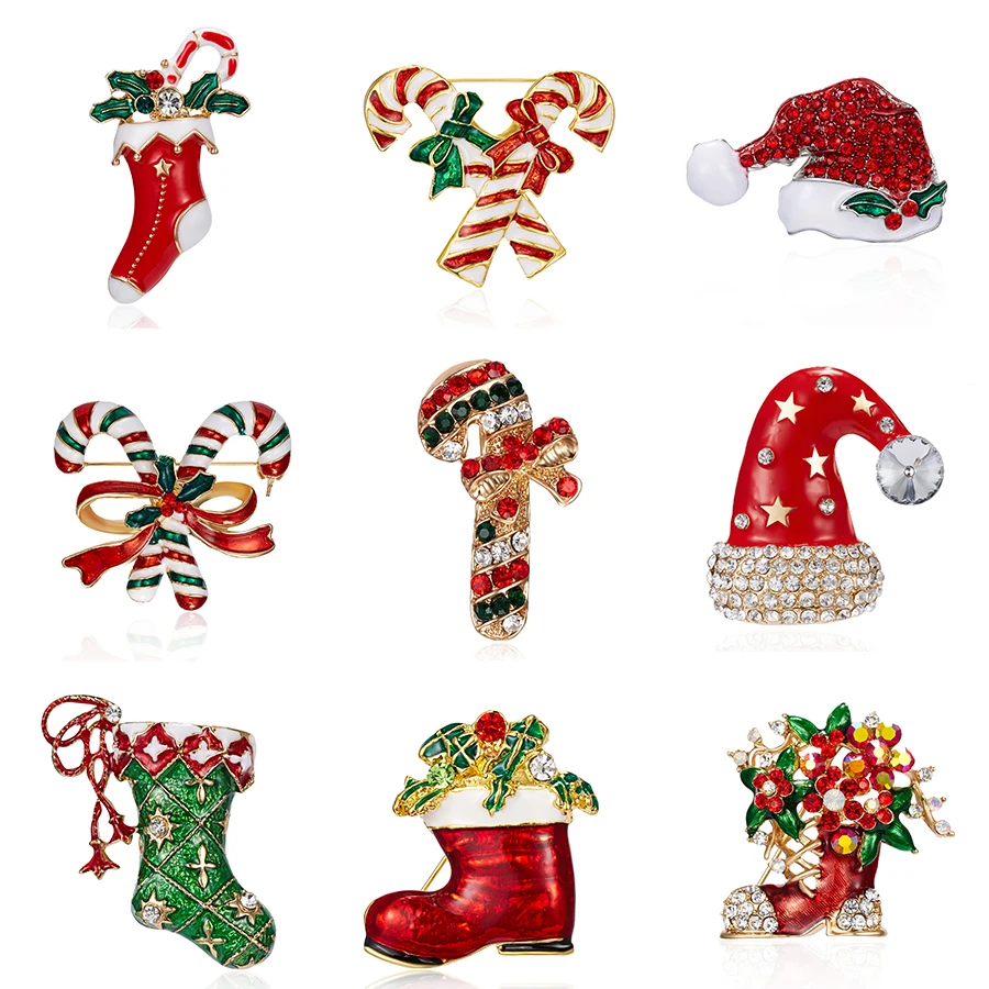 

Rinhoo 1PC New Fashion Multi-Color Xmas Hat Crutch Sock Shape Painting Oil Brooch For Women Female Charm Jewlery