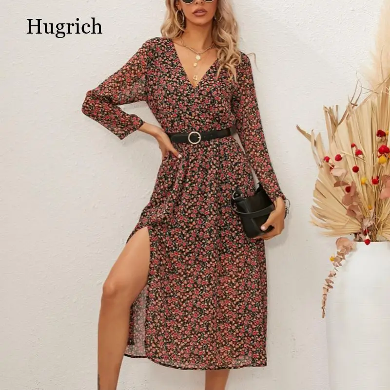 

2021 Spring Summer Women's Floral Chiffon Dress Long Sleeve Fashion Sexy V-Neck Vintage Dress Korean Clothing