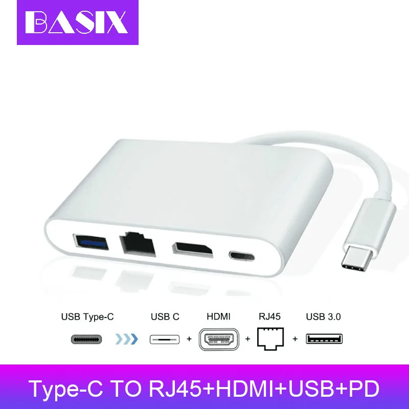 Basix Usb C Ethernet к HDMI совместимый + гигабитный (порт RJ45) USB3.0 Type концентратор адаптер USB