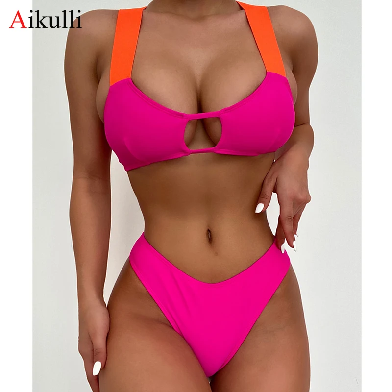 

Sexy Hollow Out Stitching Bikinis Swimsuits Women's 2021 Summer Swimwear Bandage Cross High Cut Bikini Set Push up Bathing Suits