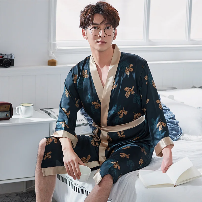 AEOZRING Пижама для пары летний мужской шелковый халат женский кардиган шелковый халат комплект из двух предметов домашняя одежда - Цвет: W