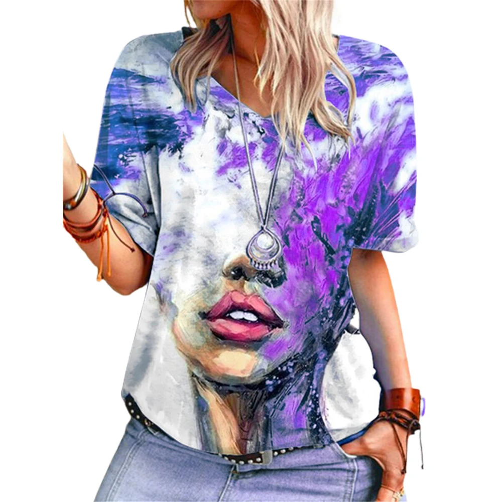 

Print V-neck T-shirt Short Sleeve Casual Loose T-shirts Woman Tshirts Summer 2021 Women's Clothes