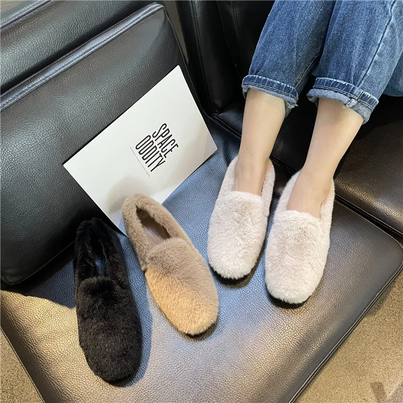 

Outer wear plush shoes female Korean board mink fur one-step plus fluffy beanie shoes flat single shoes scoop shoes lazy shoes