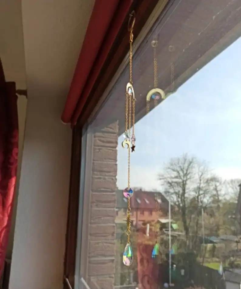 

Celestial Suncatcher for Window | Big Aura Crystal | Hanging Prism Rainbow maker | Boho Witchy decoration | Sun and Moon