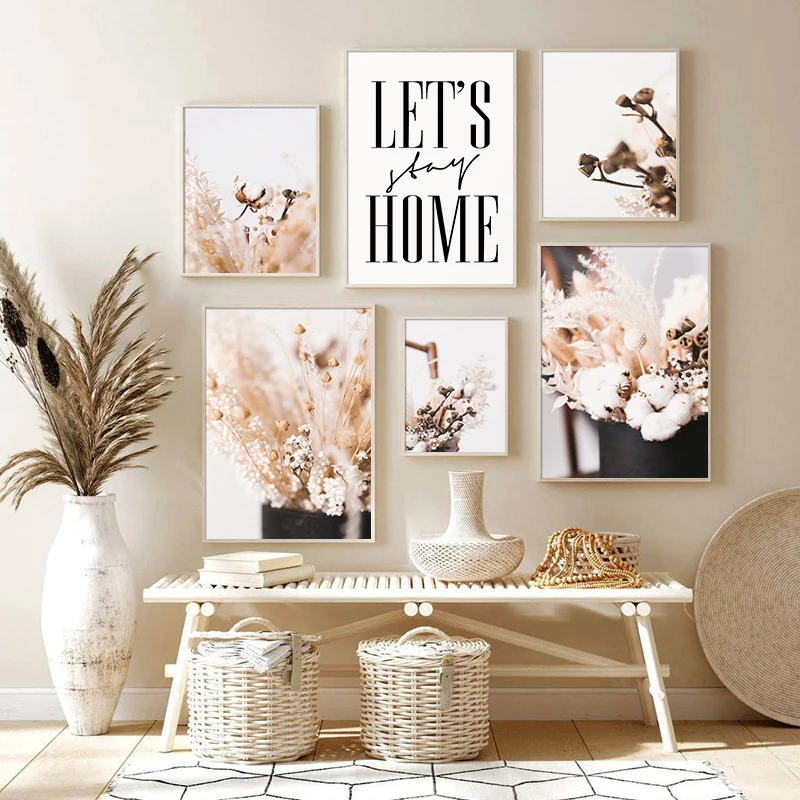

Scandinavian Autumn Landscape Poster Wall Art Dry Flowers Cotton Eucalyptus Picture Canvas Painting Print for Living Room Decor