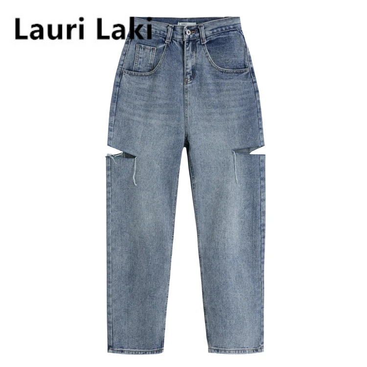 

Lauri Laki Vintage Ripped Jeans for Women Plus Size Boyfriend Mom Wide Leg Jean Autumn 2020 Streetwear Straight Denim Jeans
