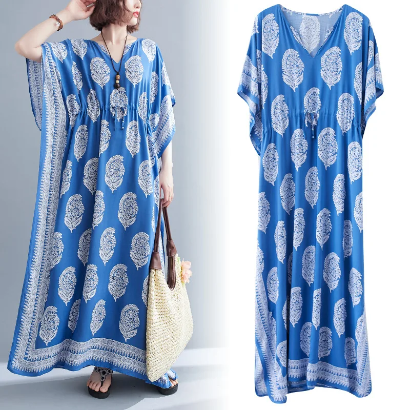 

Summer Dresses Women Print V-neck Beach Long Maxi Batwing Sleeve Robe Dresses Women Plus Size Dresses Bohemian Casual Robe Dress