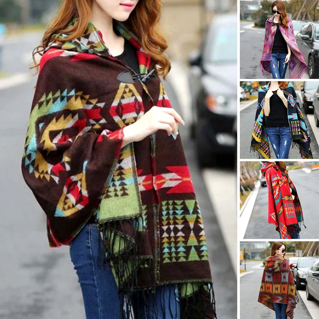 Women Stylish ethnic printed Hoodie Cape Poncho Acrylic Wool Shawl Scarf Fashion Girls Sweater Fringe Hooded Wraps #30 | Аксессуары для