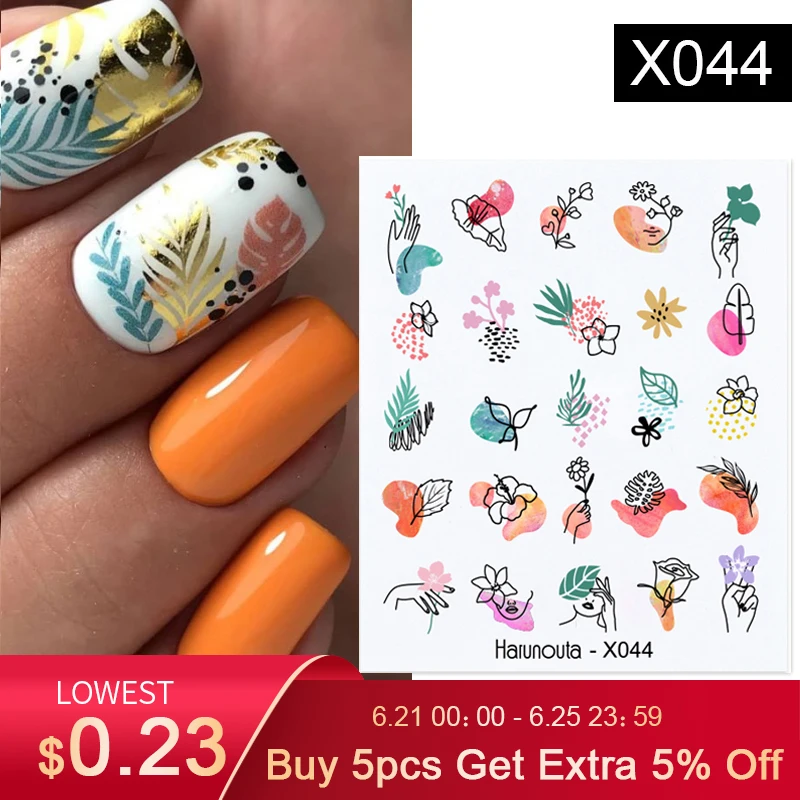 Весенняя простая зеленая водная наклейка для ногтей изображение лица цветок