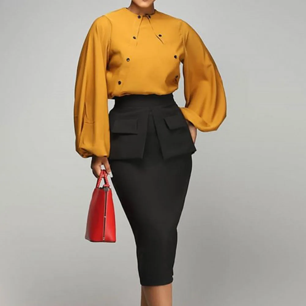 

Autumn Office Lady Two Piece Outfits Midi Skirt And Yellow Long Sleeve Top Set 2 Piece Set Women Matching Suit Sets Plus Size