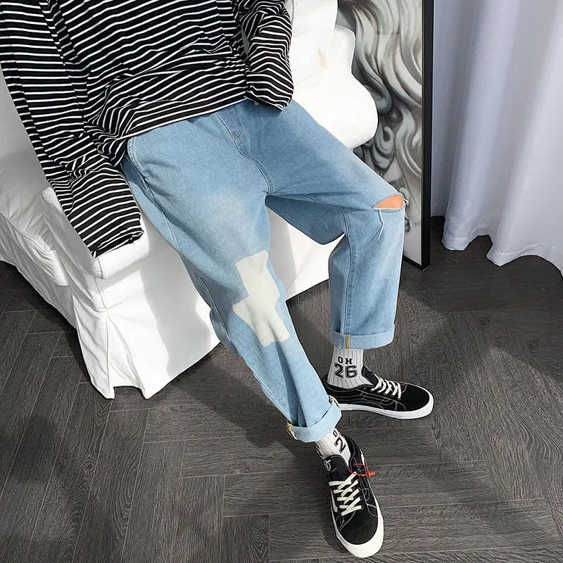 Новинка 2020 Модные свободные прямые джинсы в стиле хип-хоп уличная одежда мужские