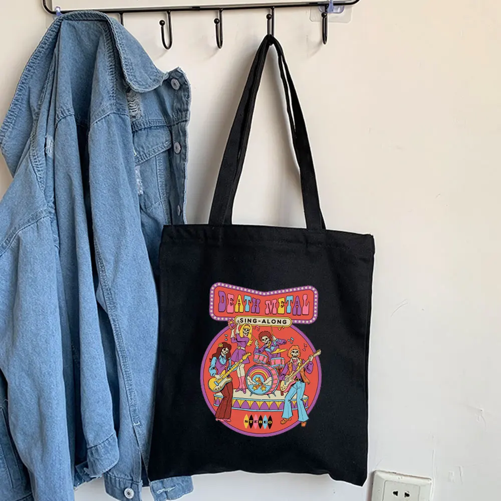

Повседневная винтажная женская сумка в стиле 90-х с рисунком дьявола, черепа, музыканта, мультяшный принт, холщовая большая сумка-тоут для шо...