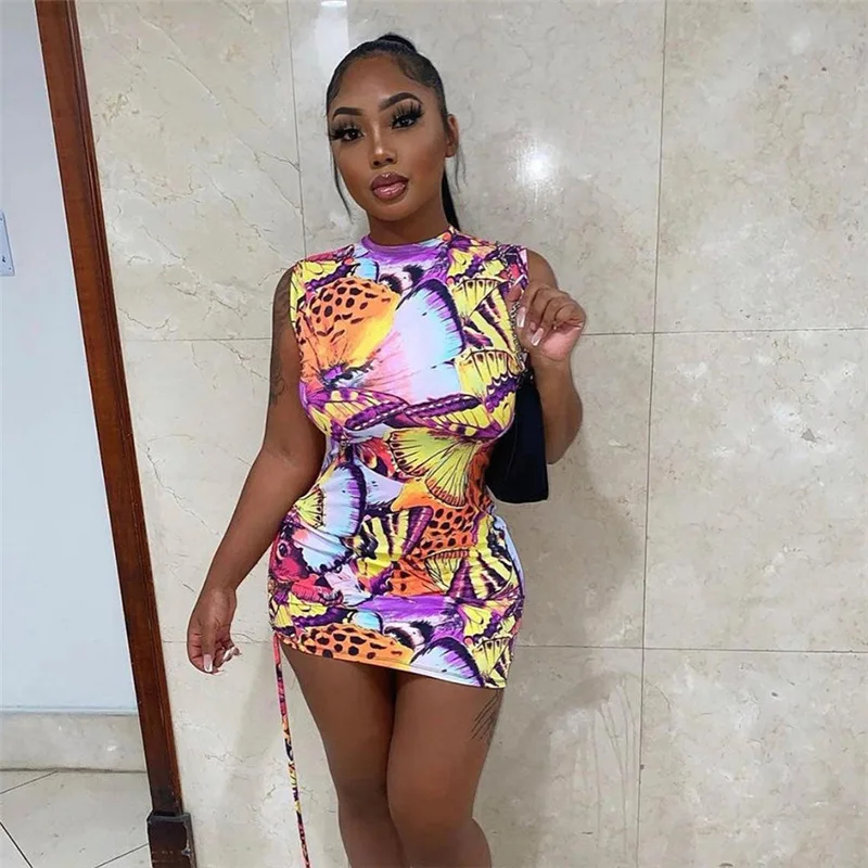 

DSMTRC 2021 Hot Butterfly Skinny Backless Tank Dresses Sleeveless Bandage Club Partywear Sexy Bodycon Women Mini Dress Summer