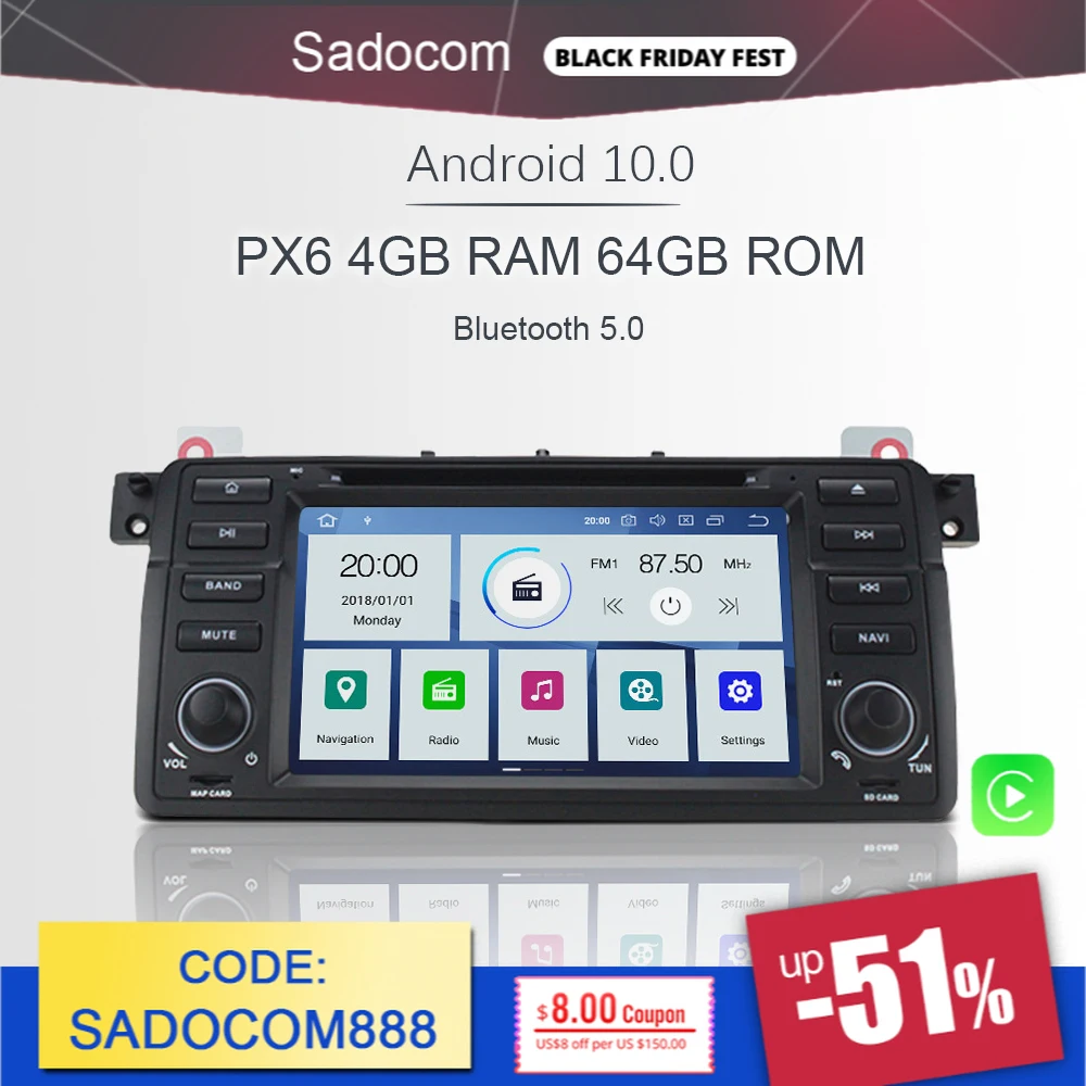 Автомобильный DVD плеер PX6 DSP 1 din Android 10 0 6 ядер 64 Гб ПЗУ 4 ОЗУ Авторадио автомобильное