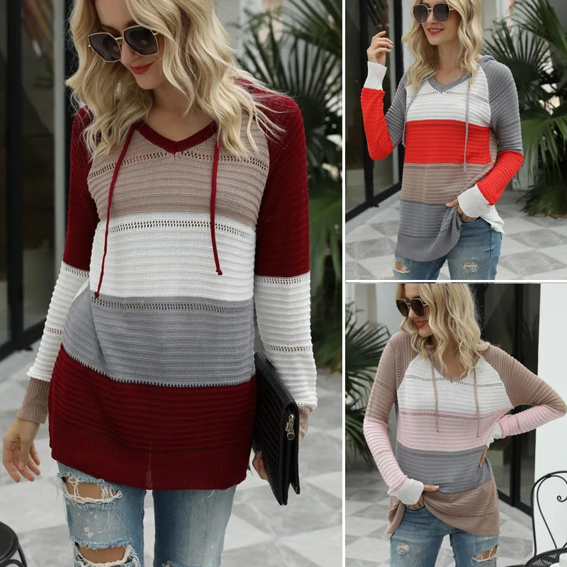 

Hot Sale 2020 Autumn/Winter Women Knit Sweaters Hooded EUR/US Style Women's Long Sleeve Loose Stitching Color Sweatshirts hoodie