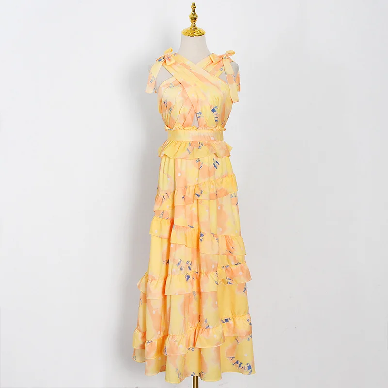 

Tie Dye Print Cascading Ruffle Long Dresses Fashion Sexy Off Shoulder Women Vestidos 2021 Spring Summer High Waist Femme Robe