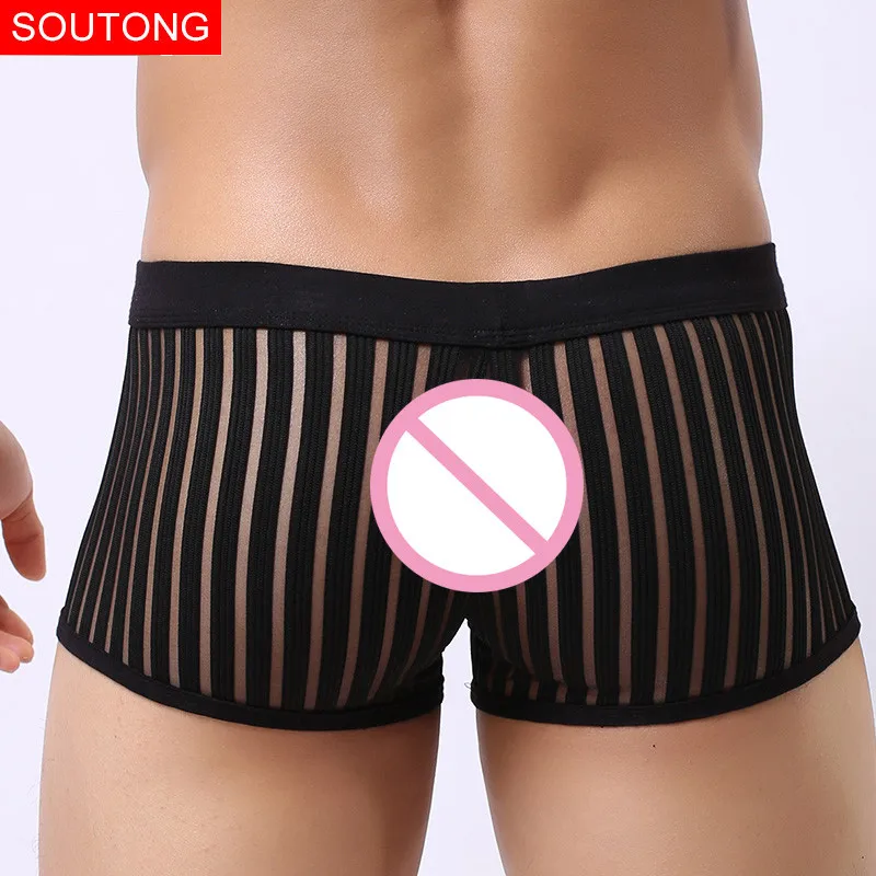 

Soutong sexy men underwear Boxer Shorts gay slip homme calzoncillos hombre boxer marca Spandex Striped transparent