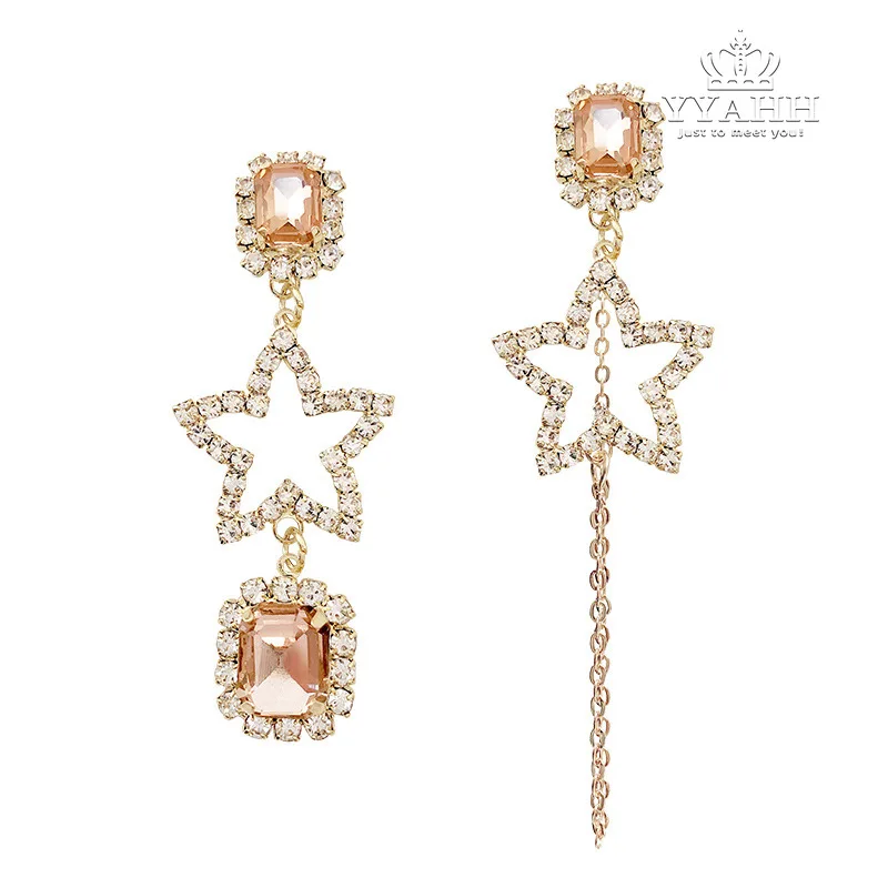 

Asymmetric Crystal Five-pointed Star Earrings Female, Long Korean Temperament Versatile Web Celebrity Ear Nails