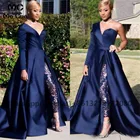 Женское вечернее платье на одно плечо, темно-синее платье с длинными рукавами и рюшами, модель 2021