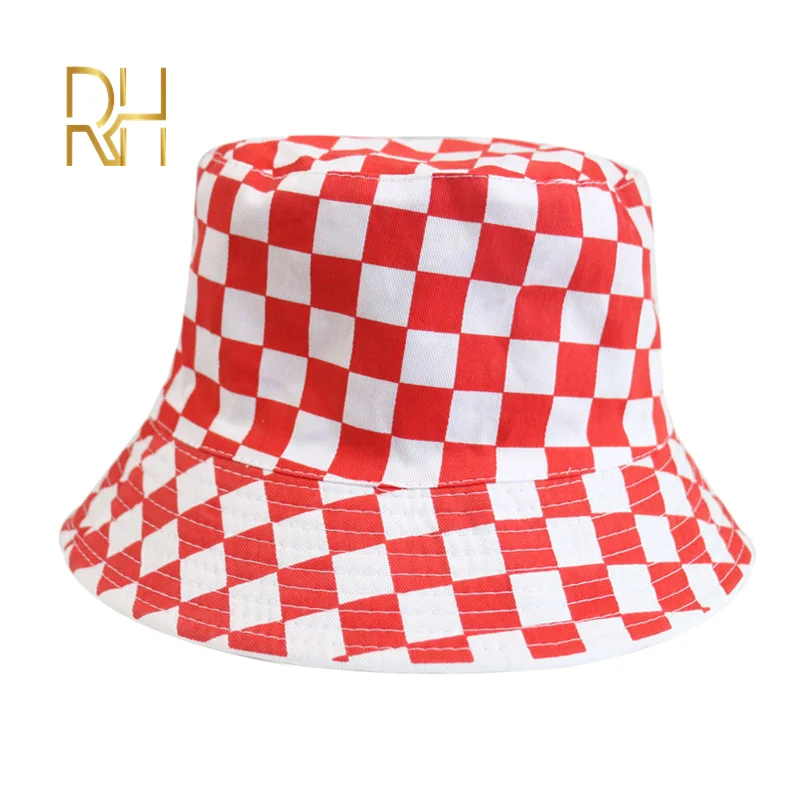 Панама Двусторонняя хлопковая в черно-белую клетку для мужчин и женщин модная