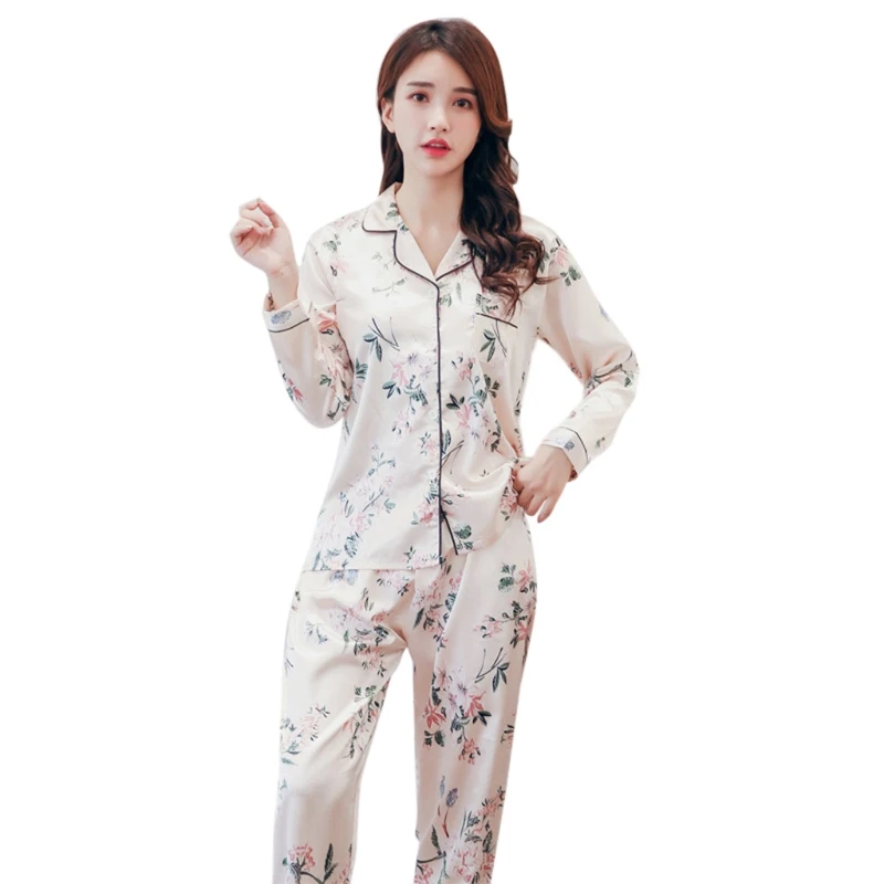 

Women Faux Silk Pajamas Long Sleeve V-Neck Buttons Top Pants Floral Loungewear