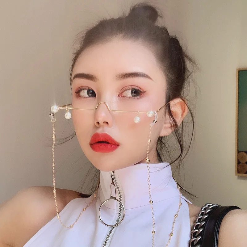 

2019 vibrato glasses frame without lens pearl inlaid chain decorative photo glasses female ins super fire glasses
