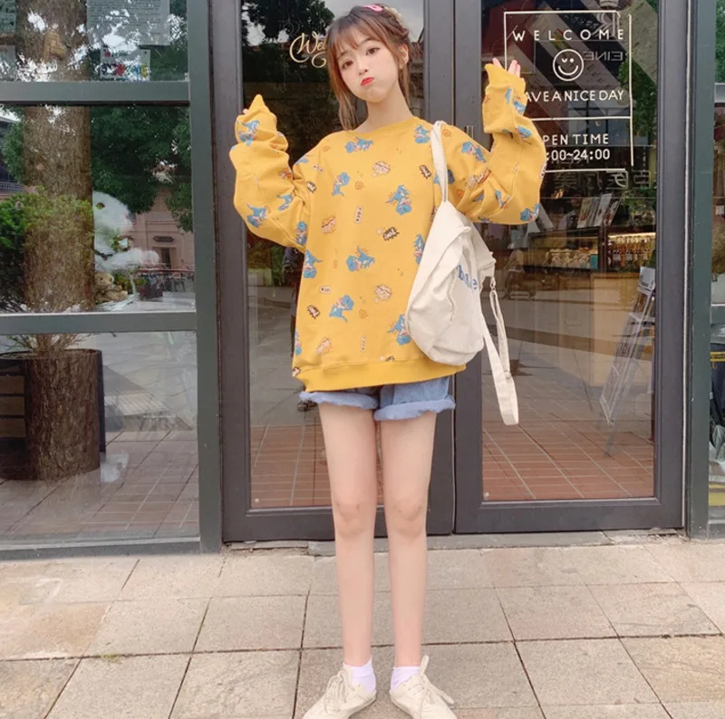 Осень, новинка, женский модный свитер Harajuku, повседневный свободный свитер большого размера с рисунком динозавра из мультфильма тираннозавра, толстовки, кавайный пуловер